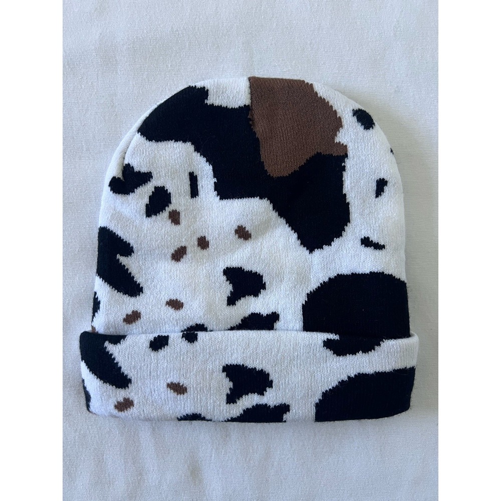 BOMOCO Cow Animal Print Knit Beanie Hat in White, Black, And Brown - Picture 2 of 6